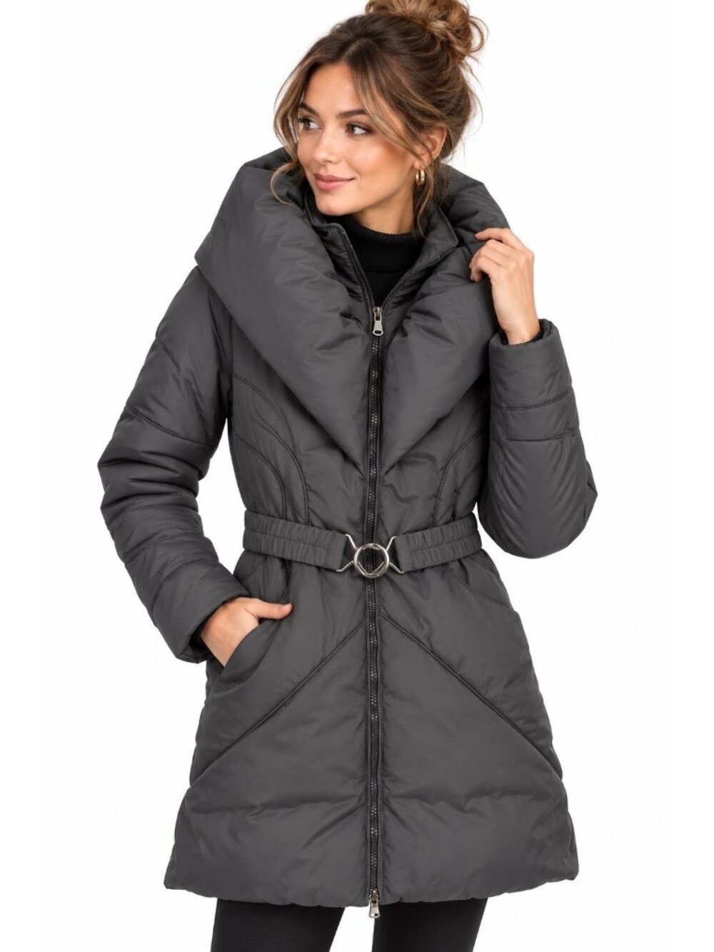 RUD BY RUDSAK puffer coat gray SMALL oversized collar belted feather fill down